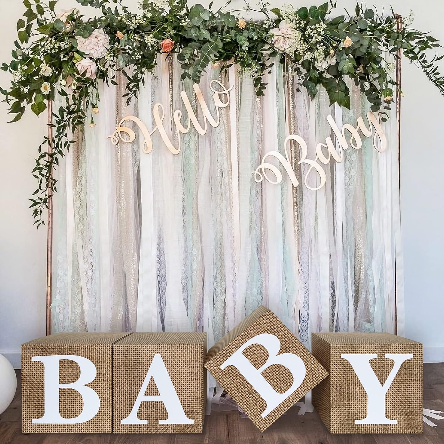 Unidemo burlap print baby shower boxes spelling BABY