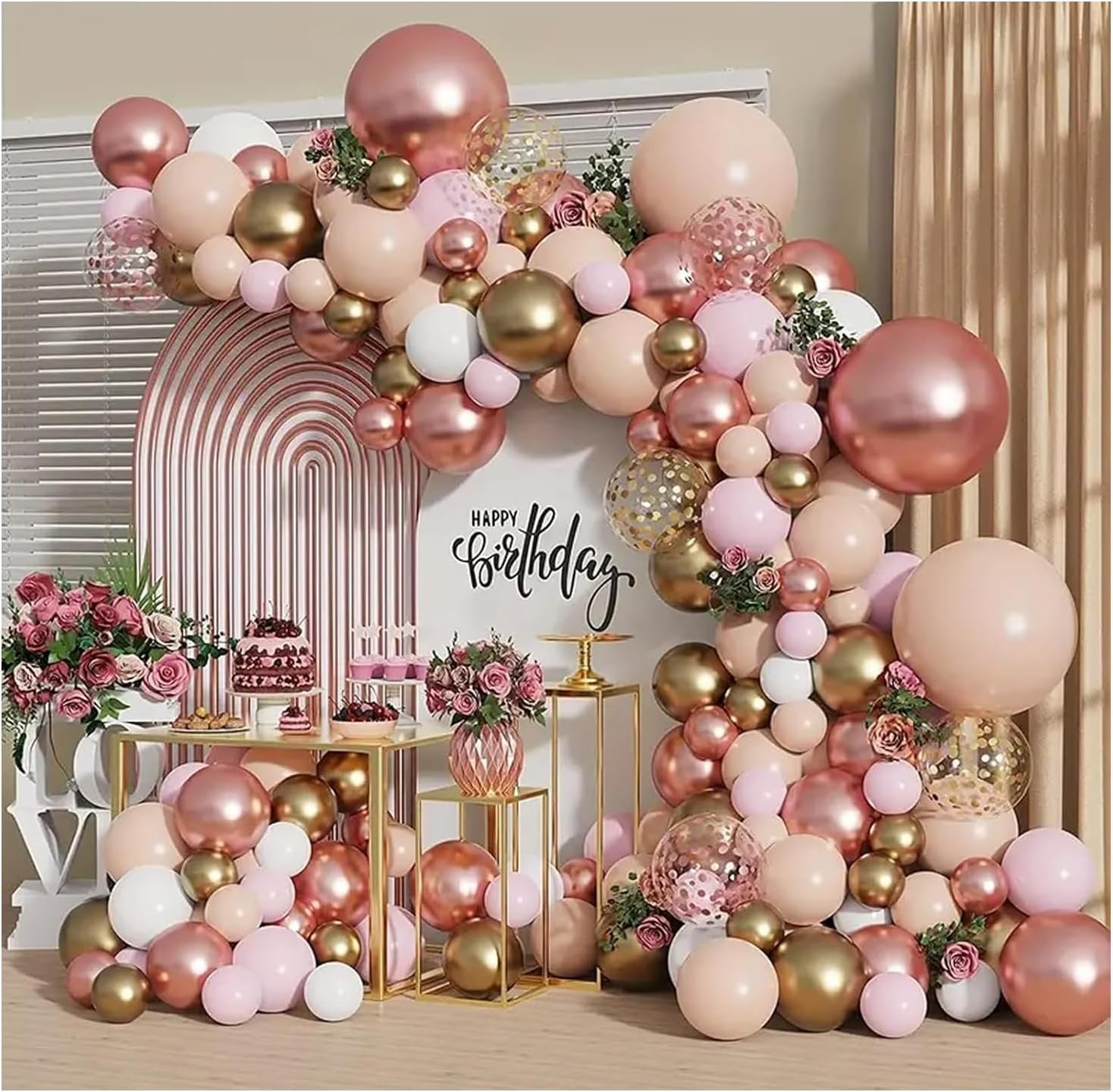 Rose gold balloon garland arch kit with pink, white and confetti balloons