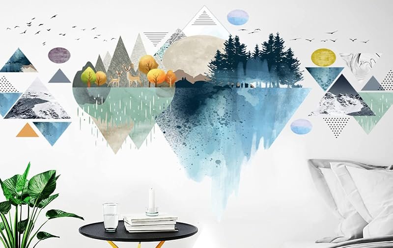 Geometric mountain forest wall decal with pine trees, deer and sun in watercolor style