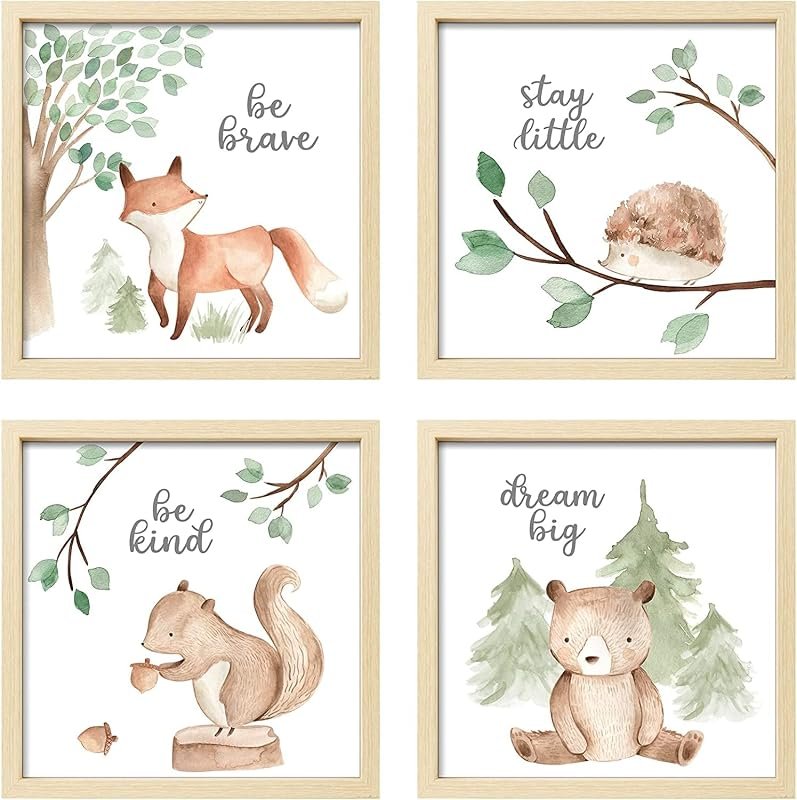 Set of four framed watercolor woodland animal nursery prints with fox, hedgehog, squirrel and bear
