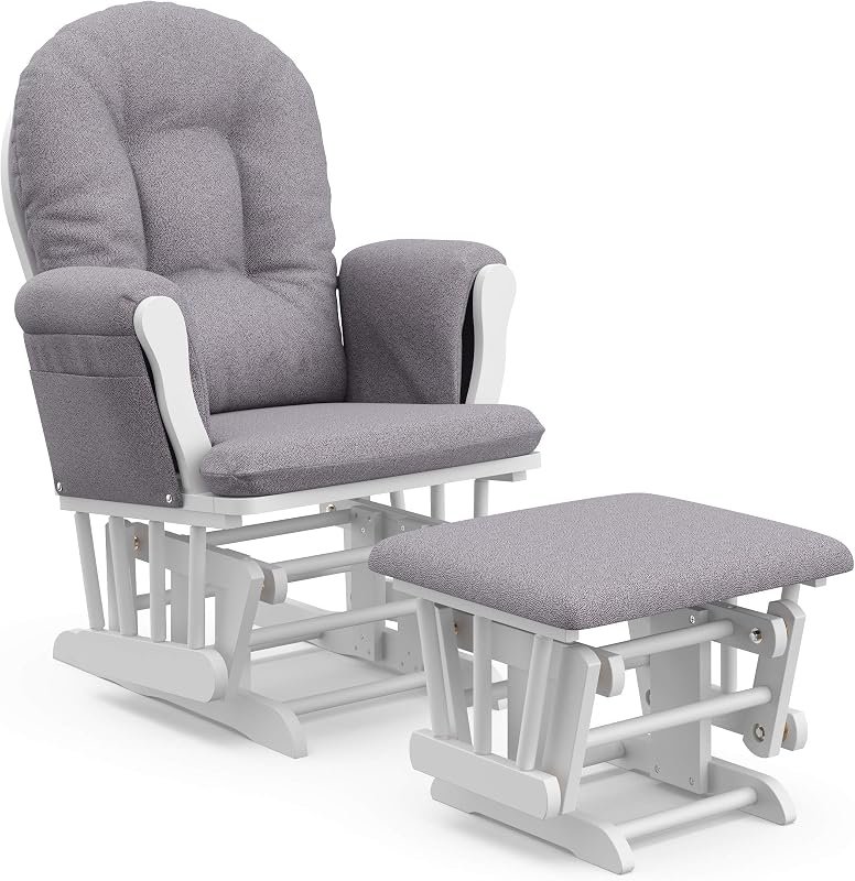 White and slate gray Storkcraft hoop glider rocking chair with matching ottoman