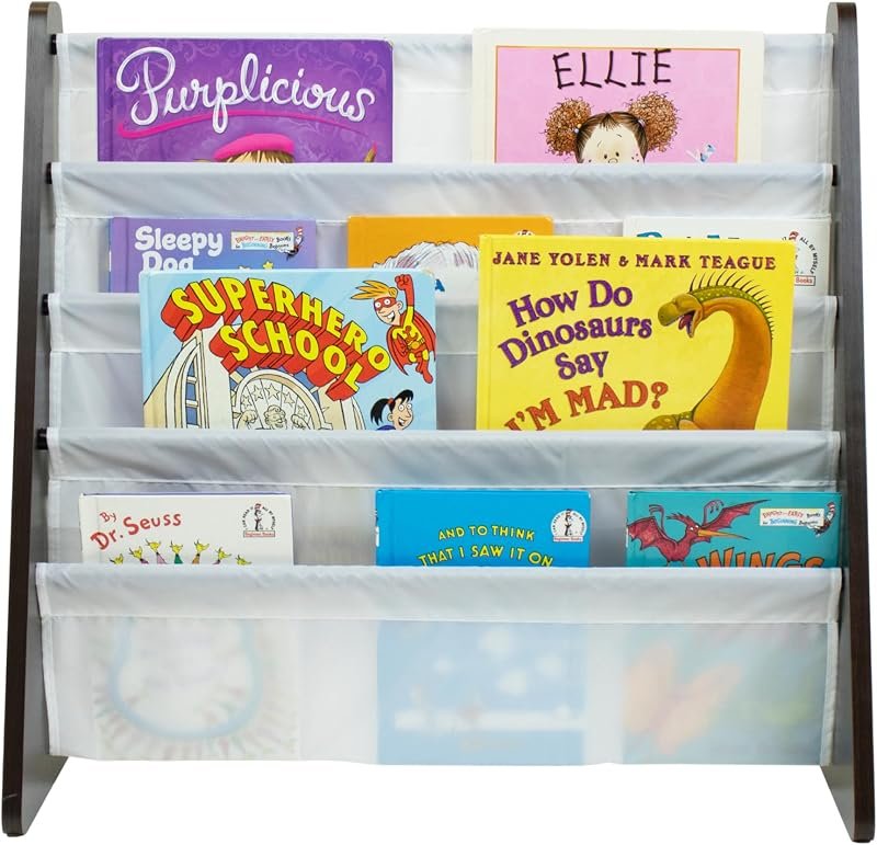 Humble Crew 4-tier kids bookshelf with front-facing fabric book slings filled with picture books