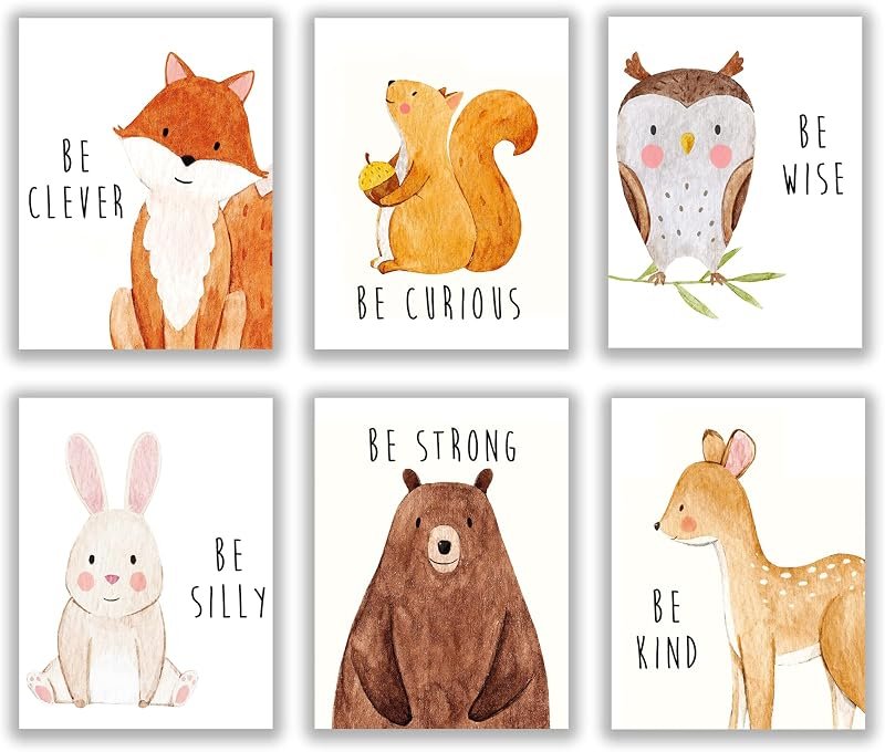 Set of six watercolor baby animal nursery wall art prints with inspirational words