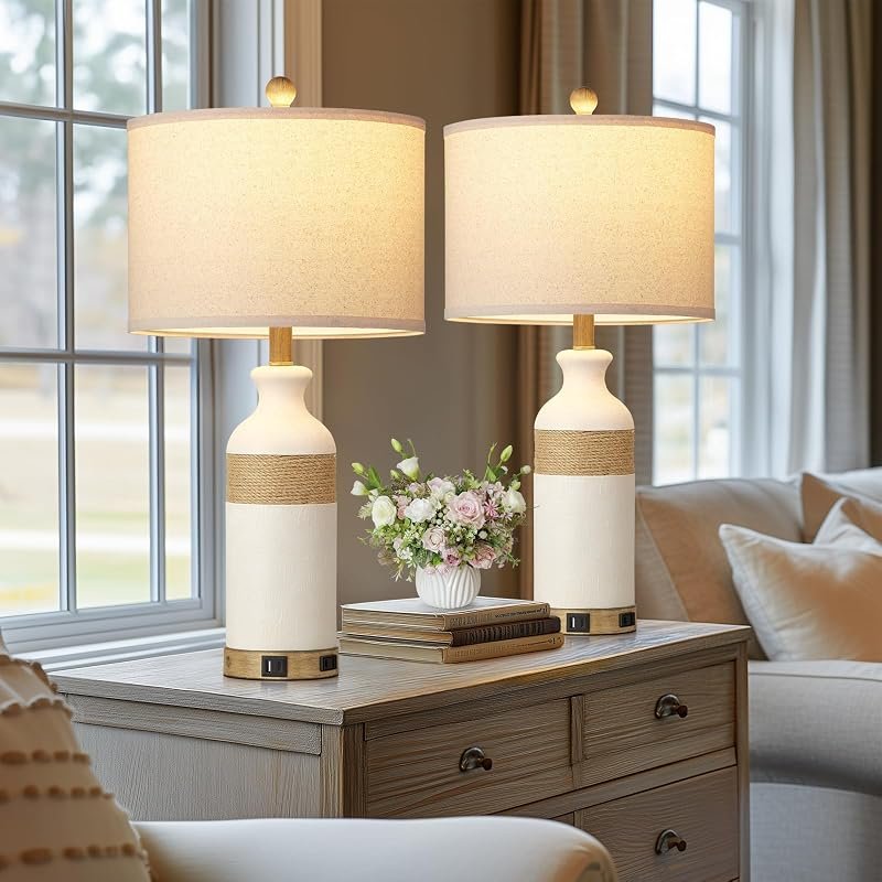 Pair of white ceramic coastal table lamps with rope band trim and USB ports