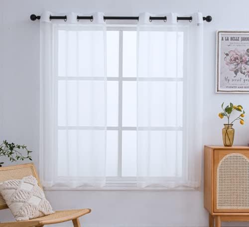 White flax linen sheer curtains, 45 inches long, set of two panels