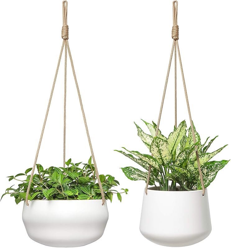 White ceramic hanging planters in 8-inch shallow and 6-inch deep sizes with rope hangers, set of 2
