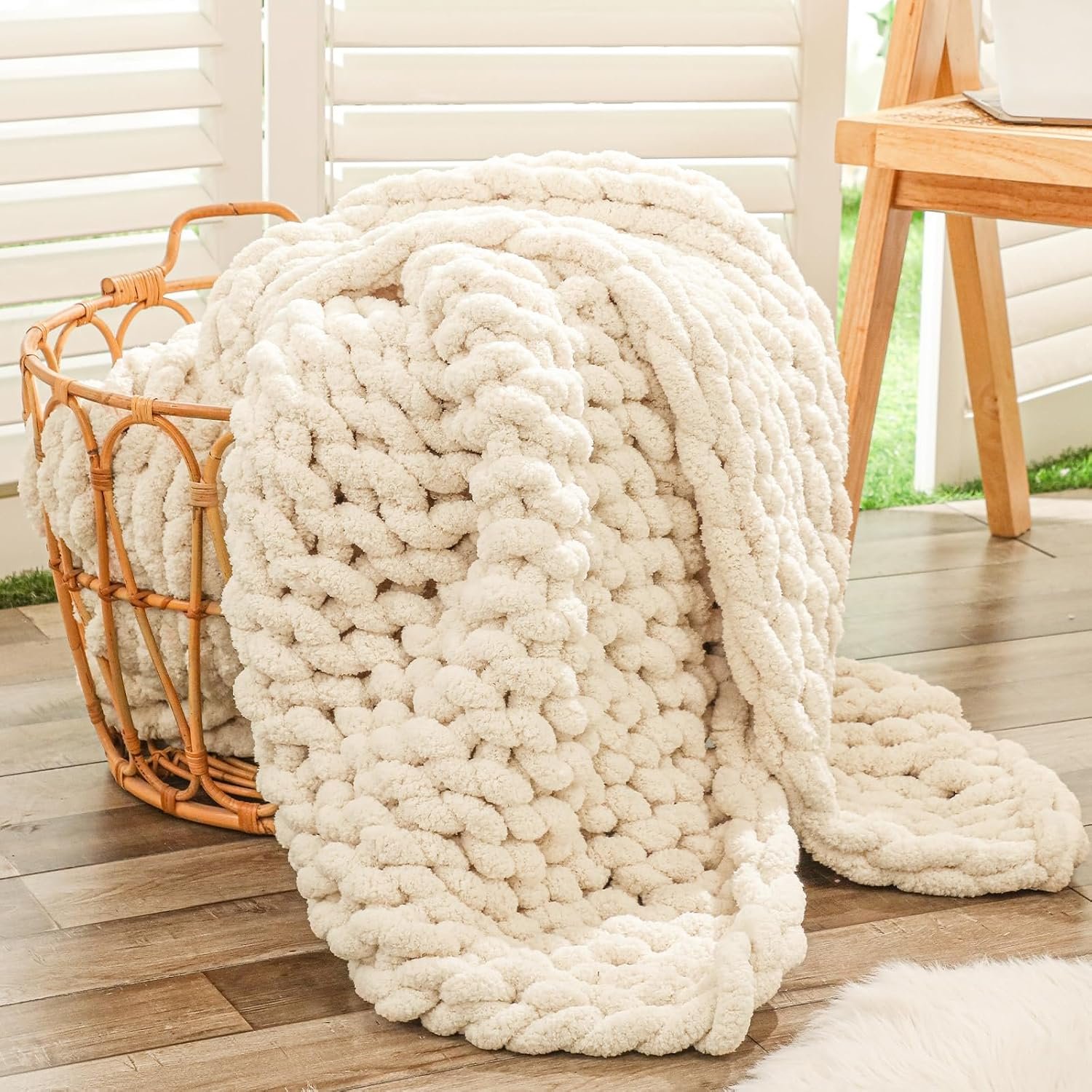 Beige chunky knit chenille throw blanket