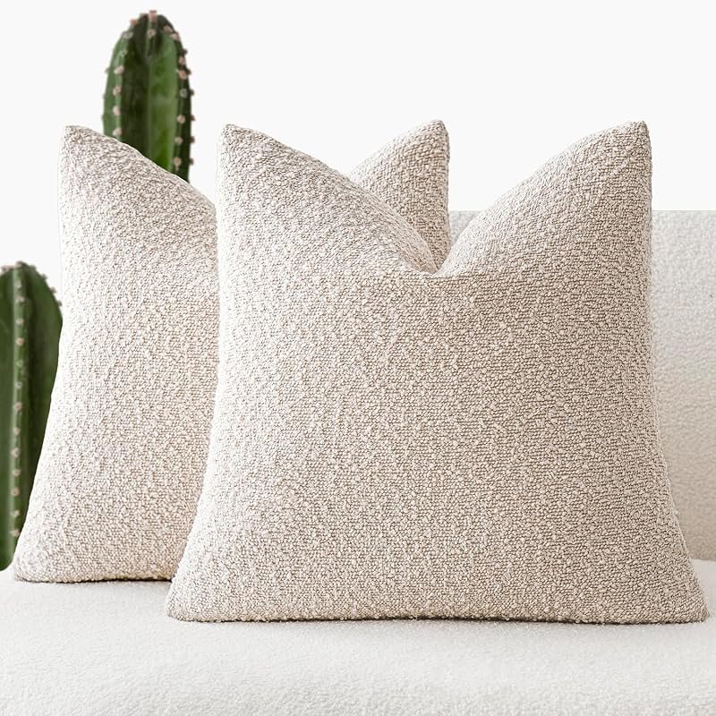 Pair of ivory white textured boucle throw pillow covers, 20 by 20 inches