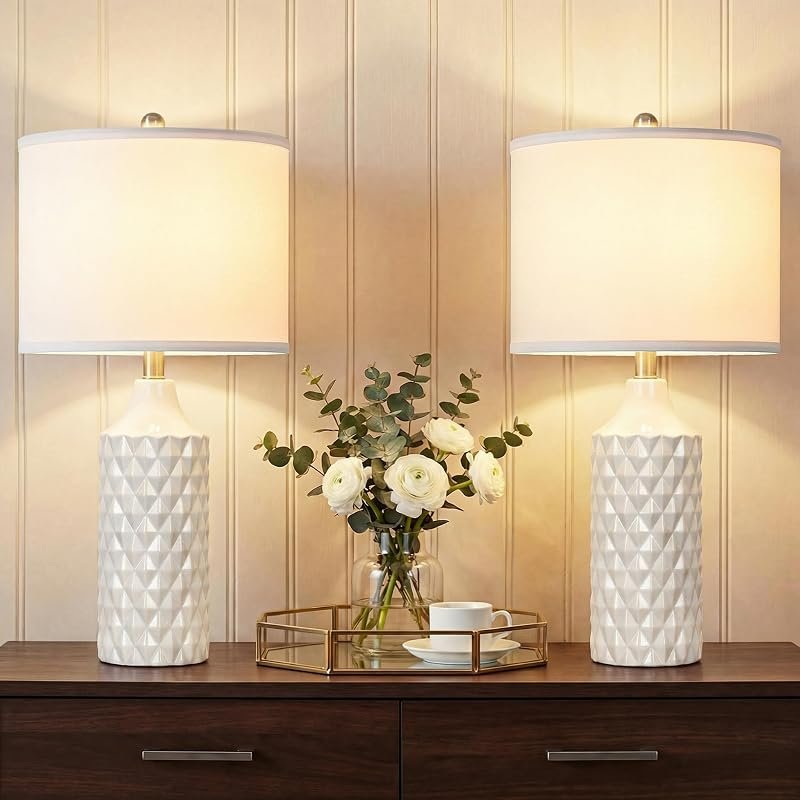 Pair of white ceramic table lamps with diamond texture