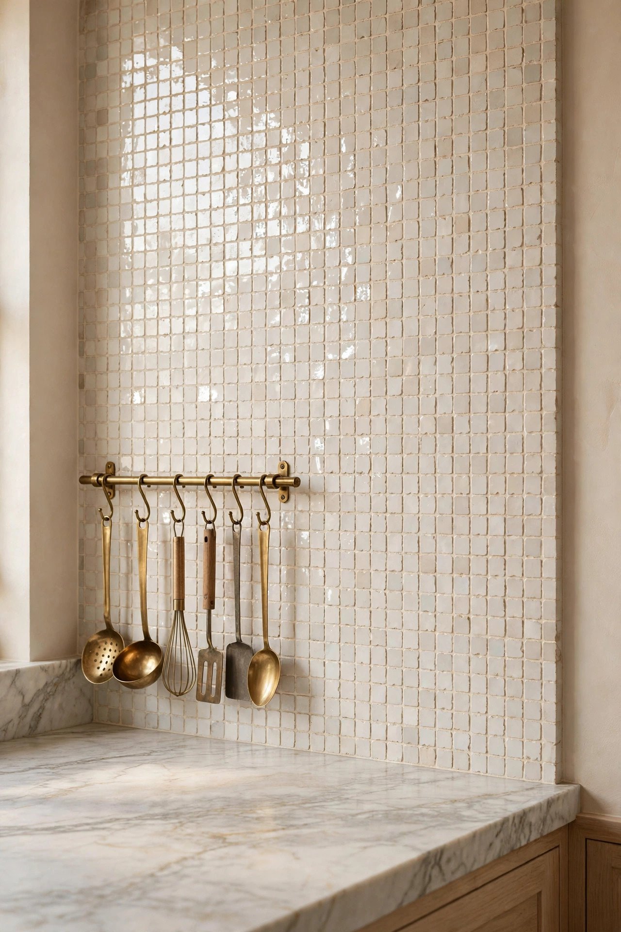 The Limewash or Stone Backsplash in european contemporary kitchen