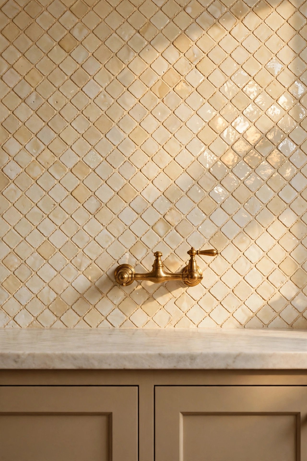 A Handmade Tile Backsplash in soft contrast kitchen