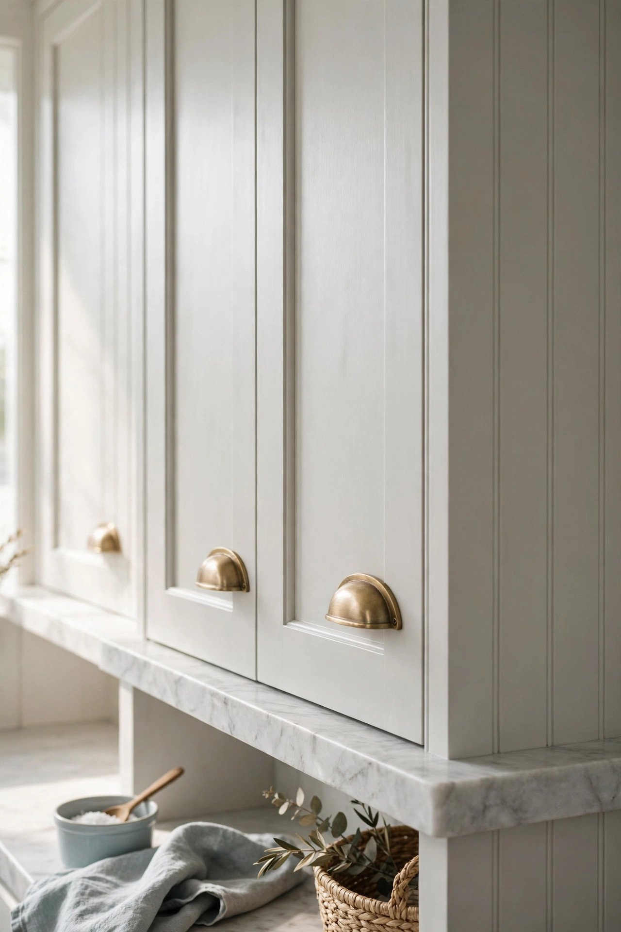 Pale Painted Cabinetry in coastal kitchen