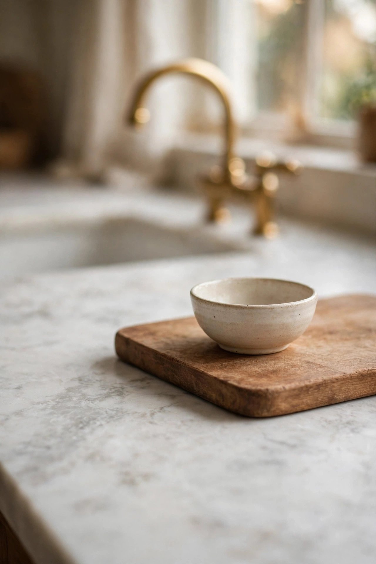 Honed Stone Countertops in soft contrast kitchen