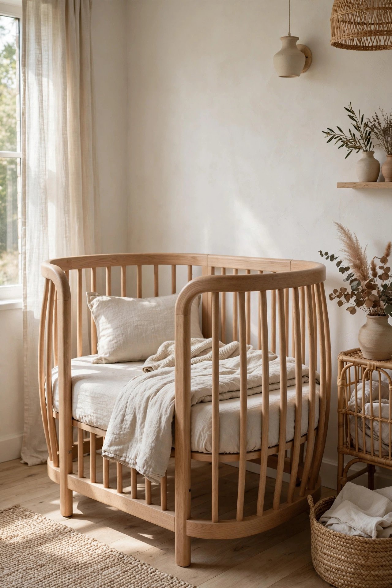 A Curved Crib in Warm Oak in organic modern nursery
