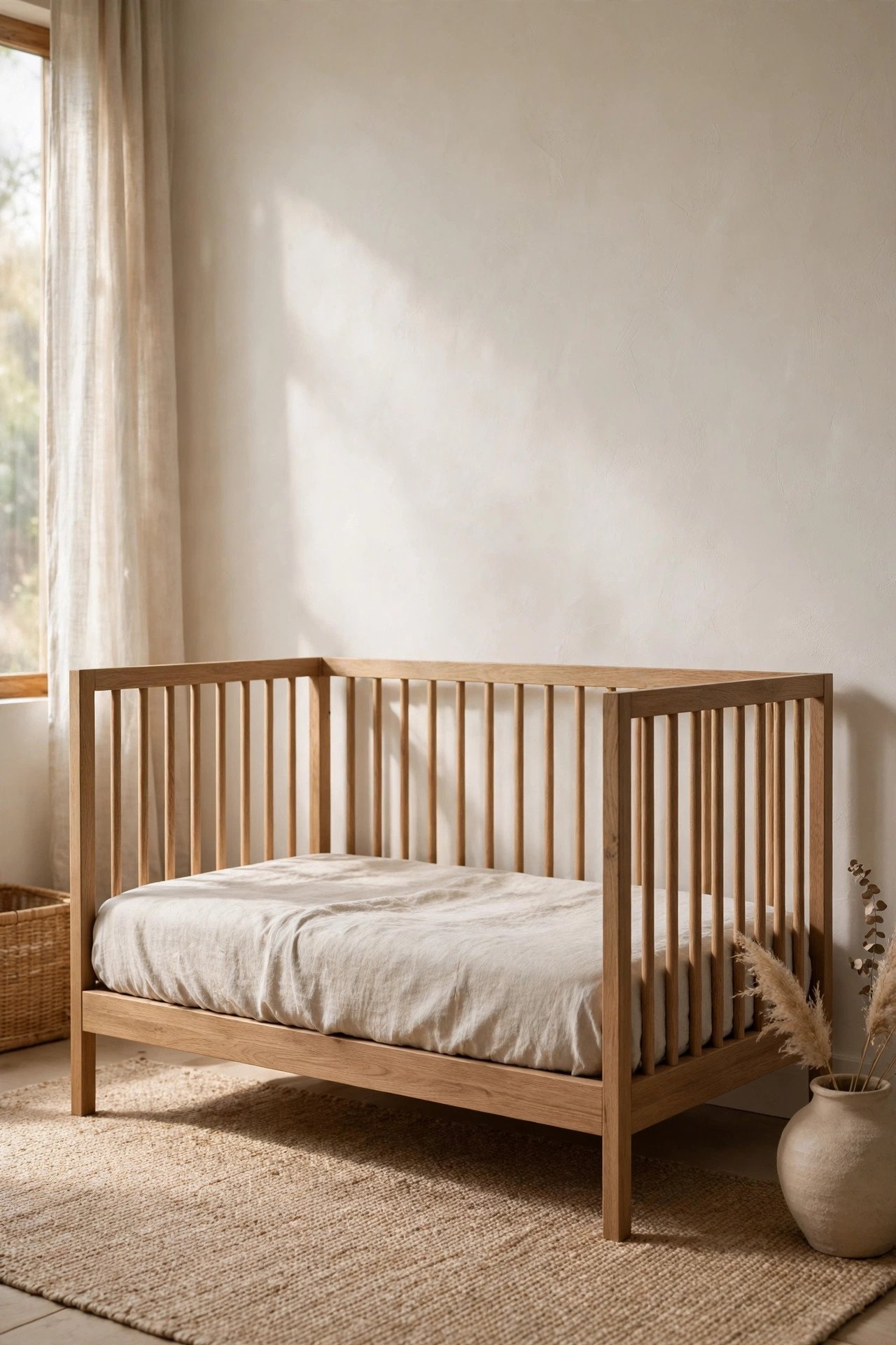 Low profile natural wood crib with simple vertical slats in a calm Japandi nursery