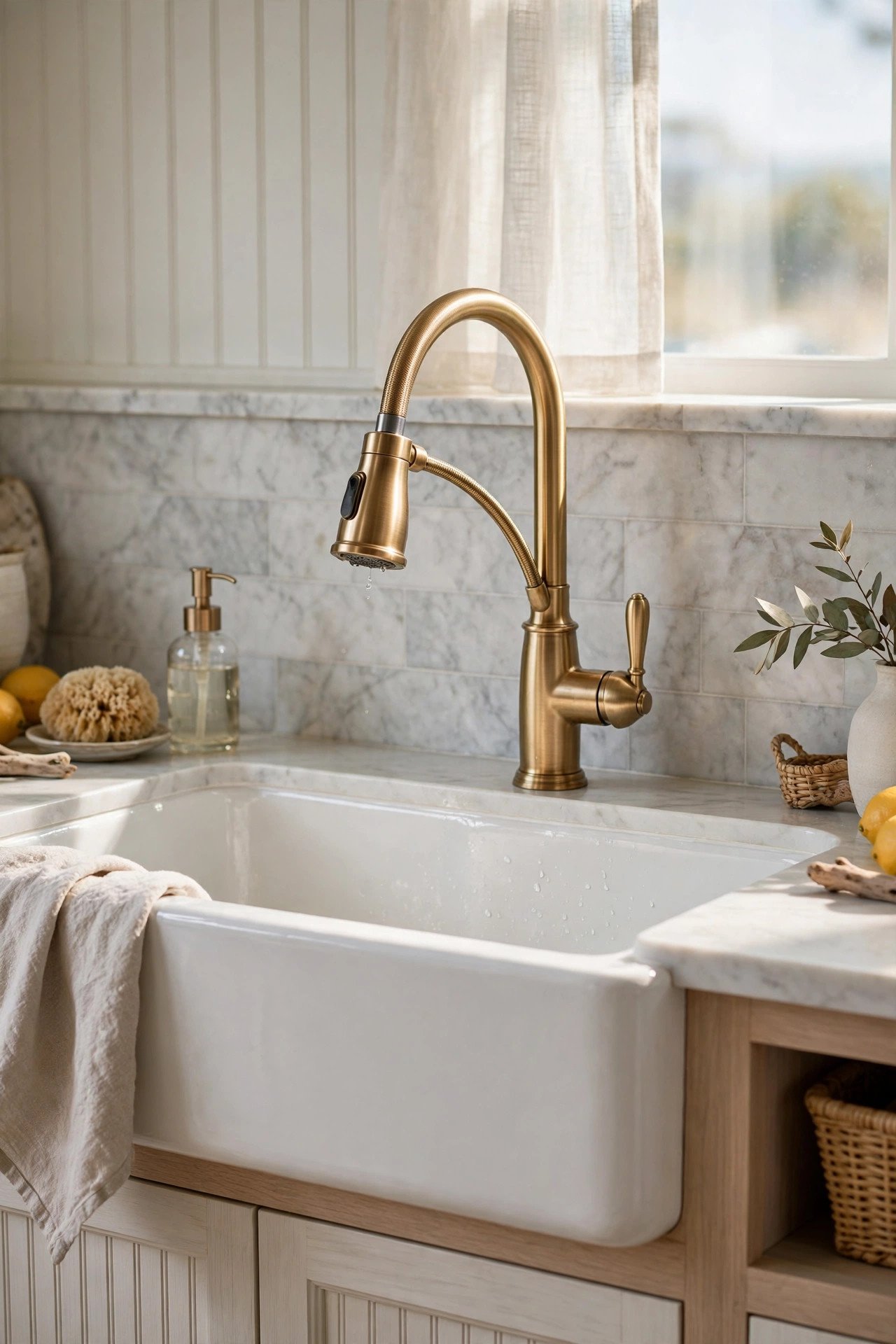 Warm Metal Fixtures in coastal kitchen