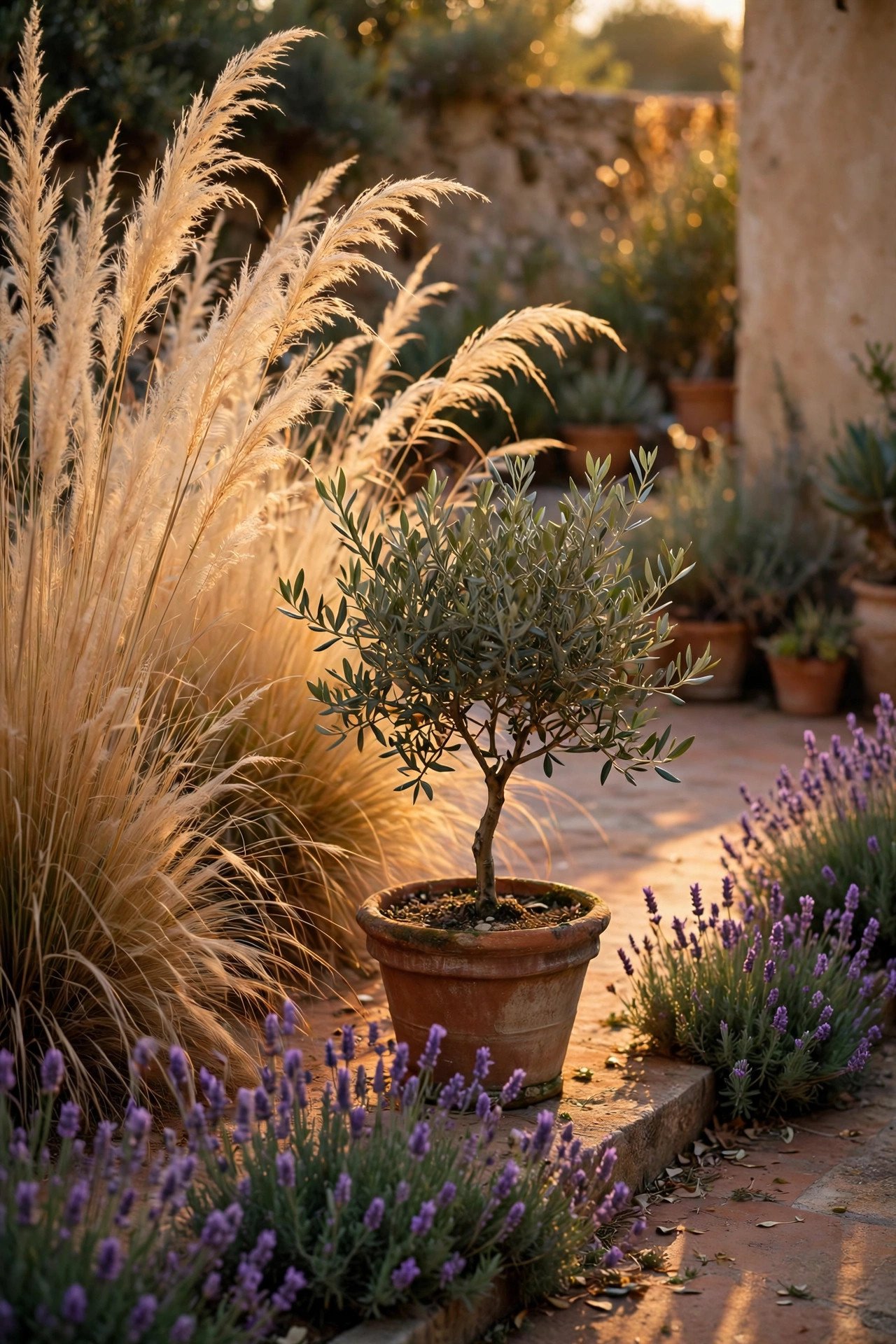Sculptural Greenery and Grasses in earth tones outdoor
