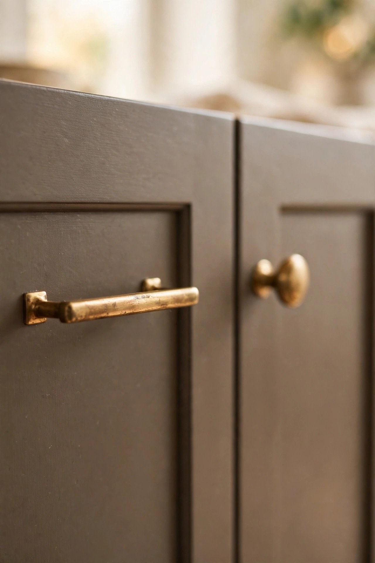 Warm Brass Hardware in soft contrast kitchen
