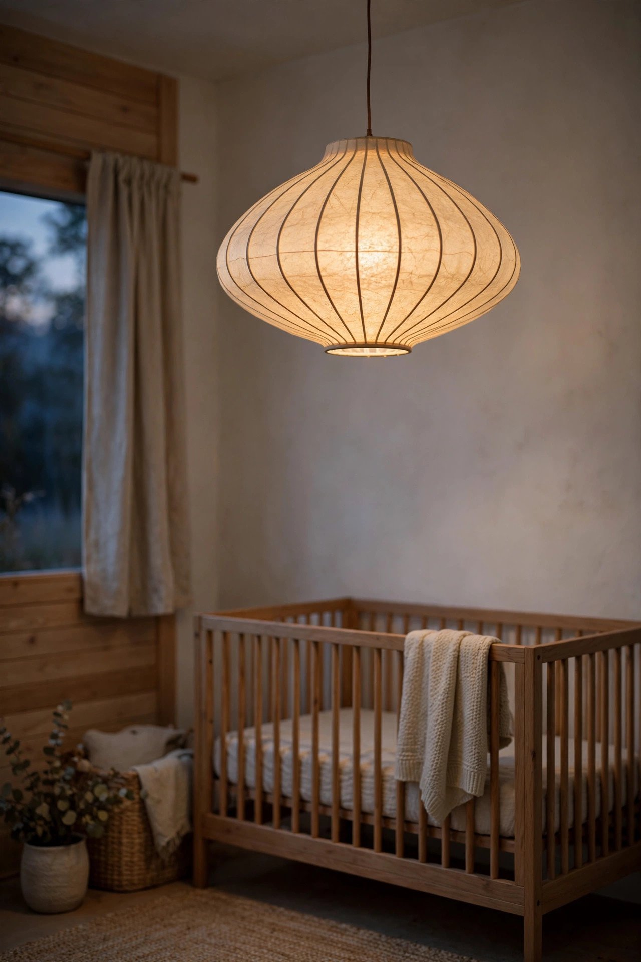 Rice paper pendant light glowing softly in a serene Japandi nursery
