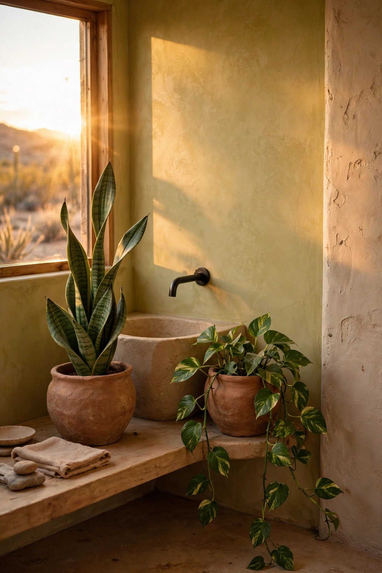 Sculptural Cacti and Succulents in desert modern bathroom
