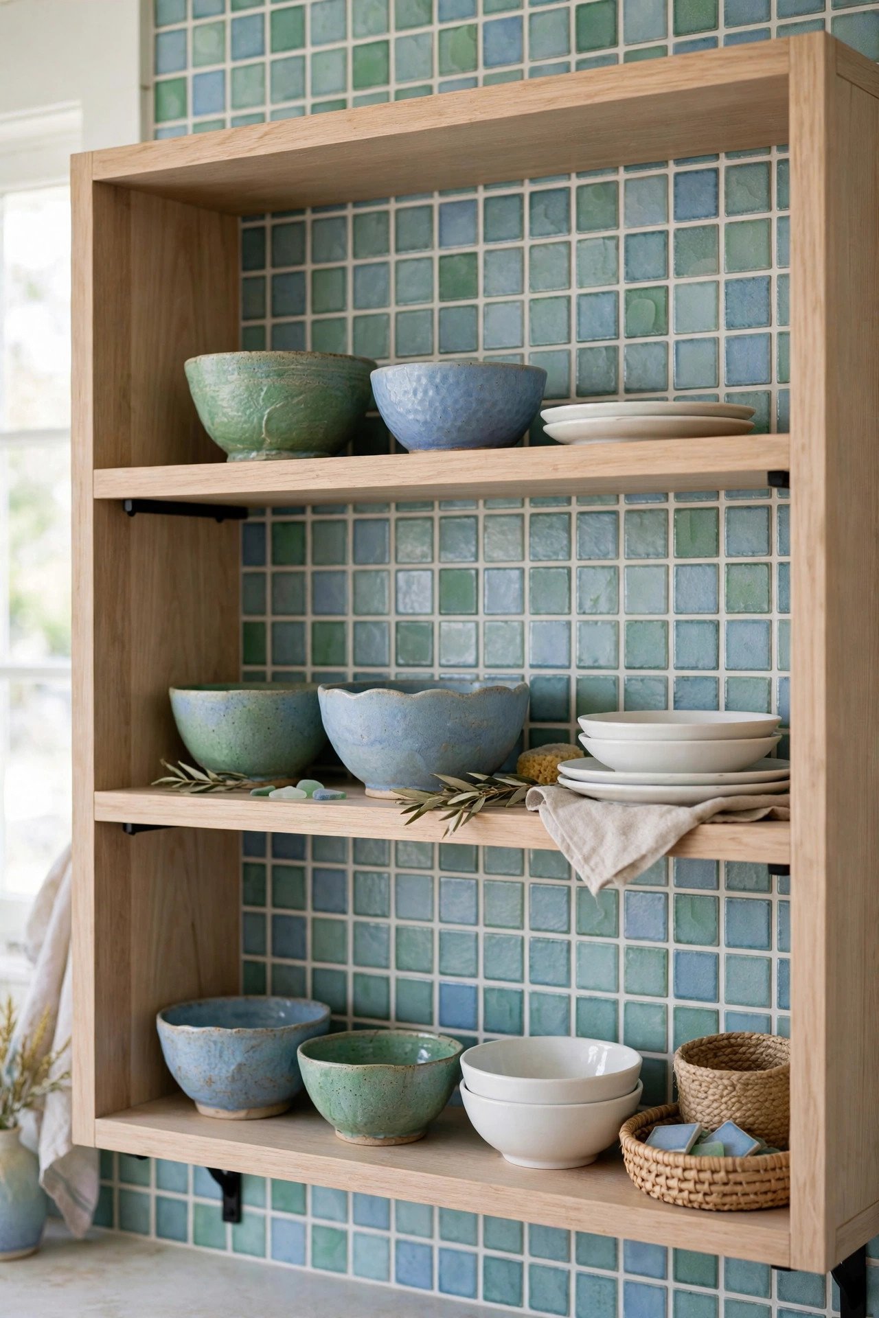 Sea Glass Blues and Greens in coastal kitchen