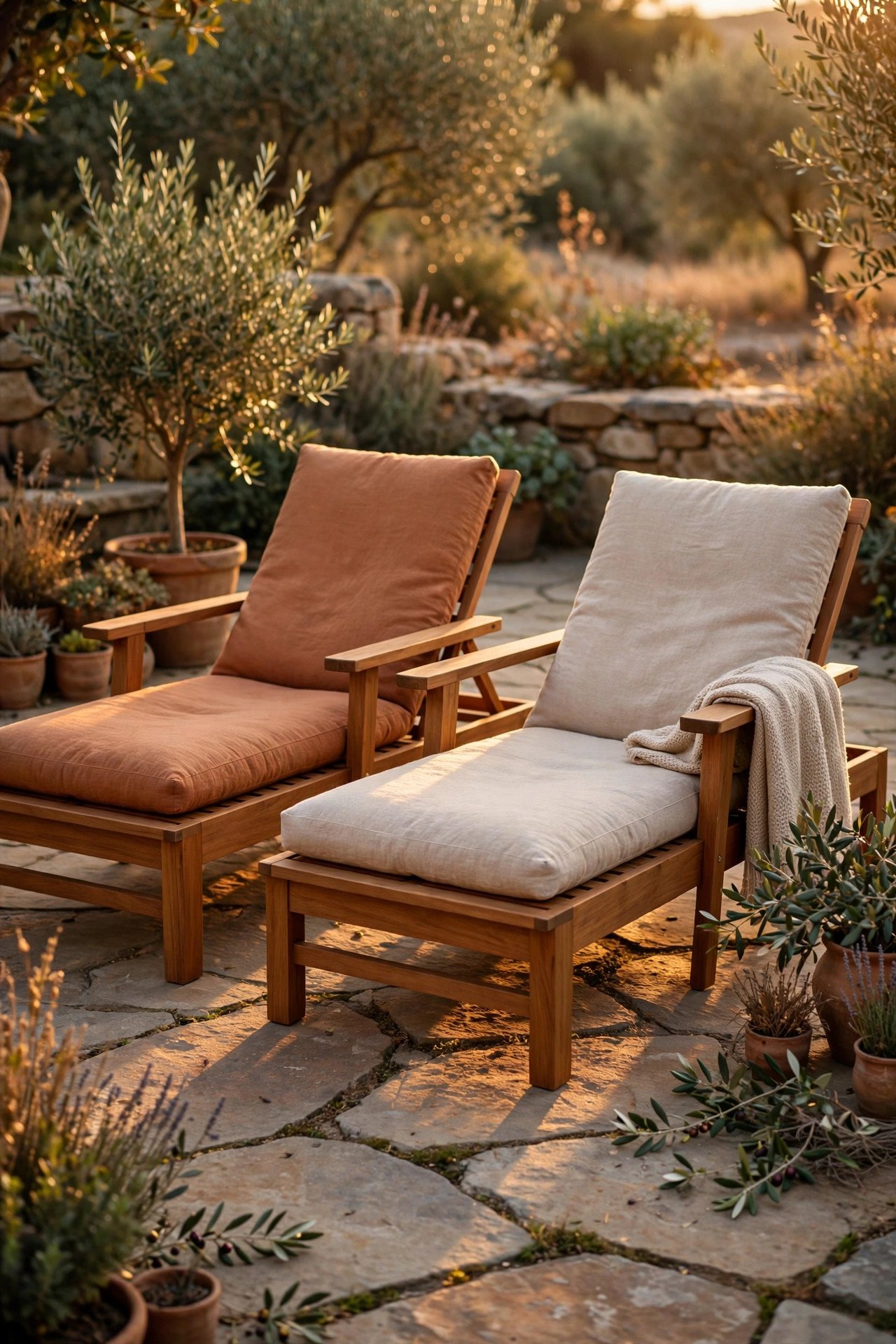 A Grounded Seating Set in Teak or Acacia in earth tones outdoor