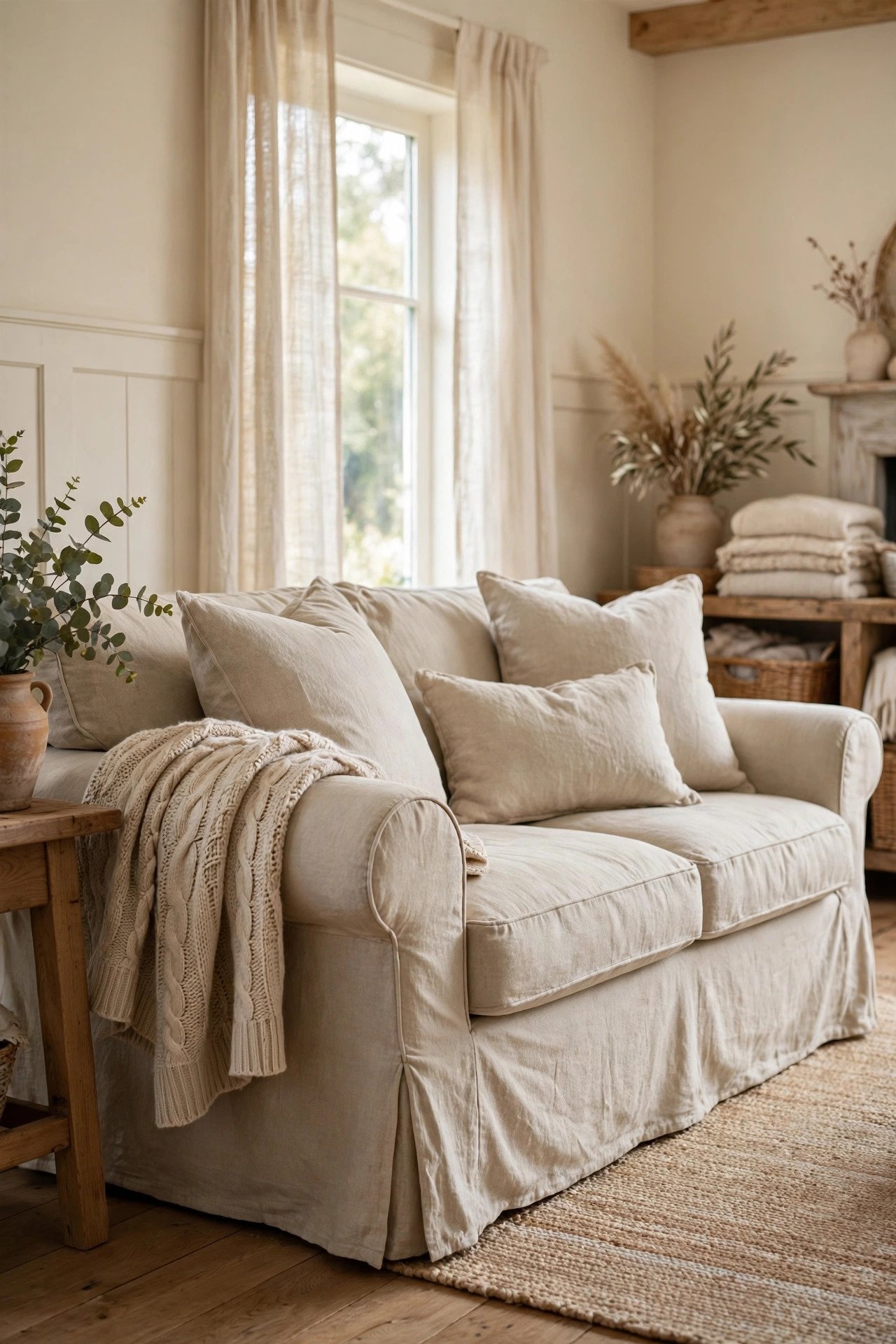 A Low, Deep Sofa in Washed Linen in minimalist living room