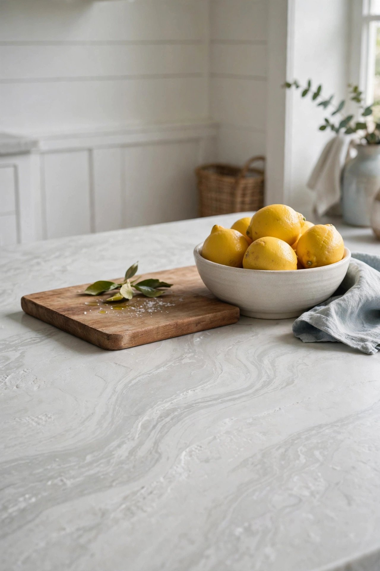 Honed Stone with Soft Movement in coastal kitchen