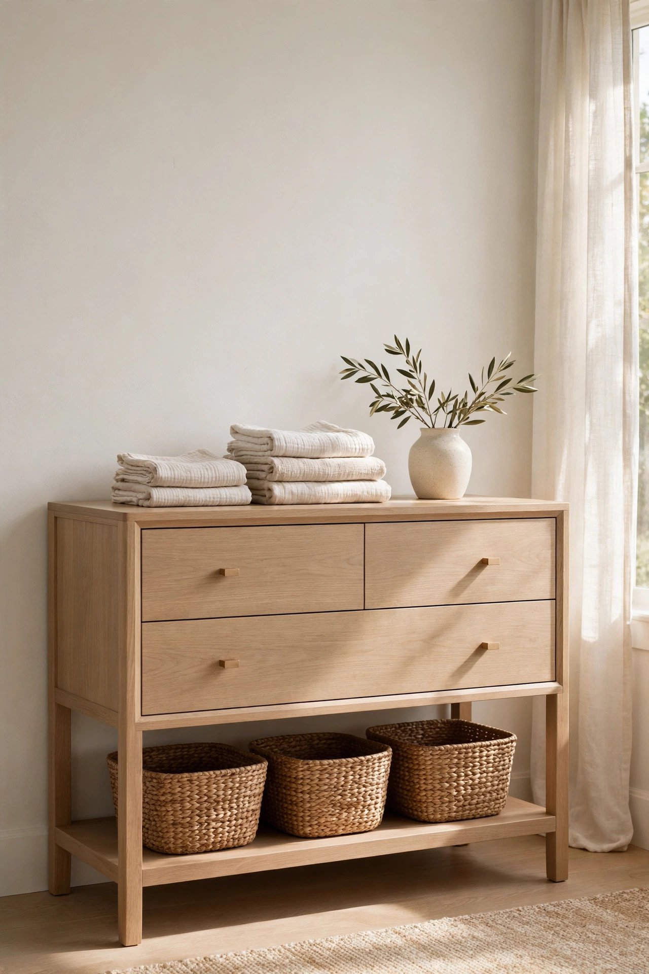 Light oak dresser and woven seagrass baskets providing closed storage in a Japandi nursery
