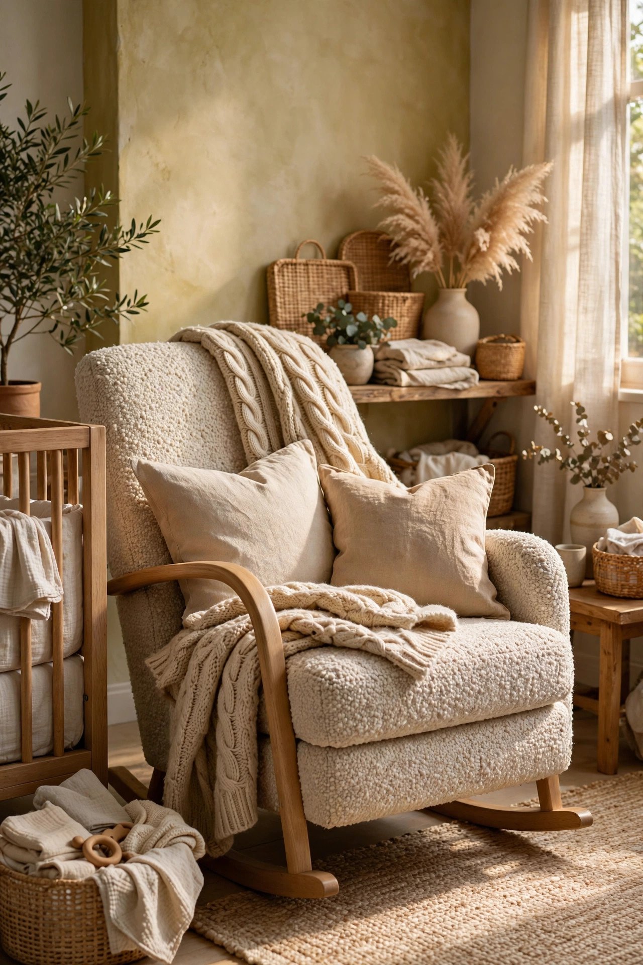 Layered Boucle and Linen Textiles in organic modern nursery