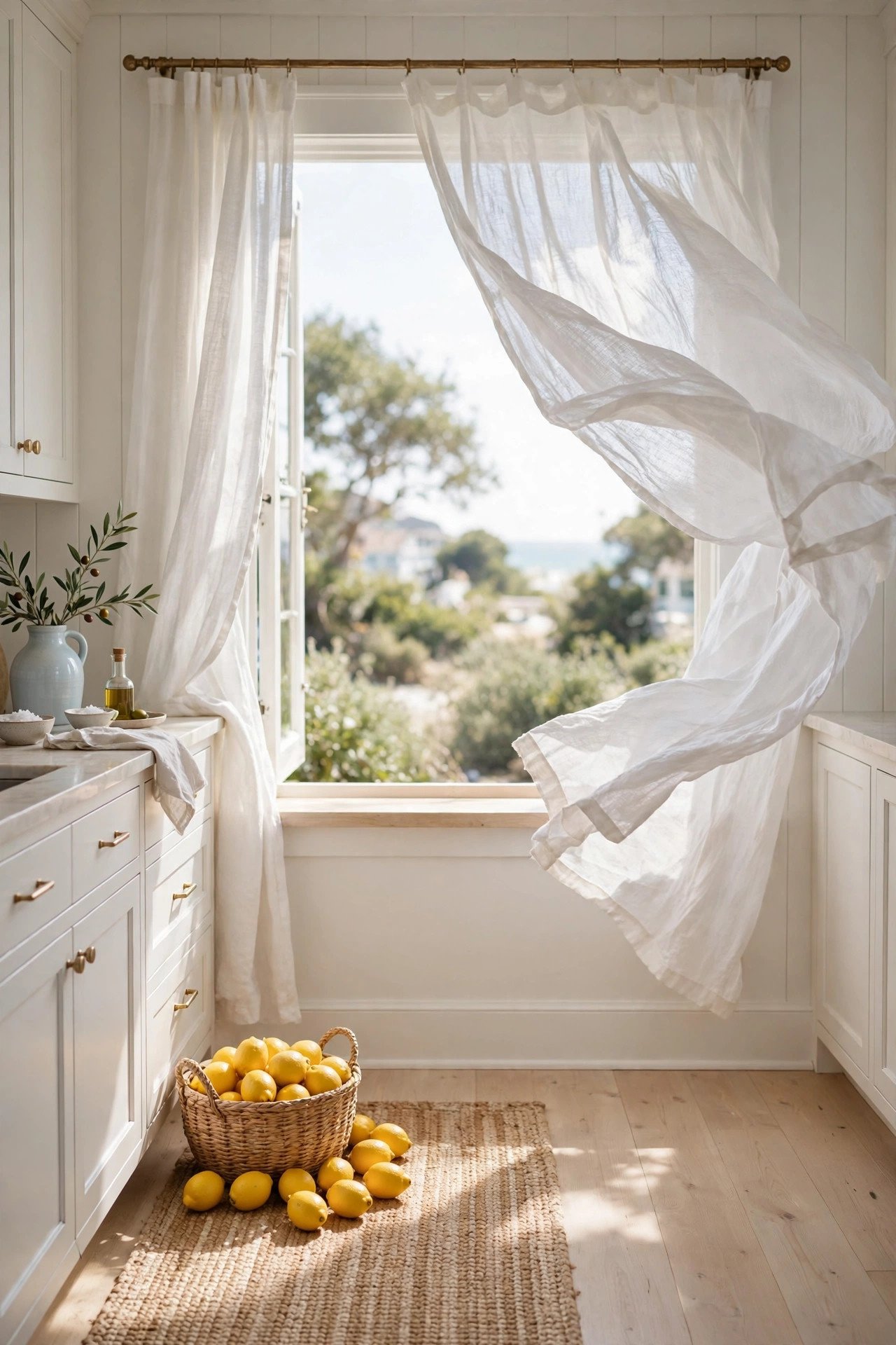 Linen and Woven Textures in coastal kitchen