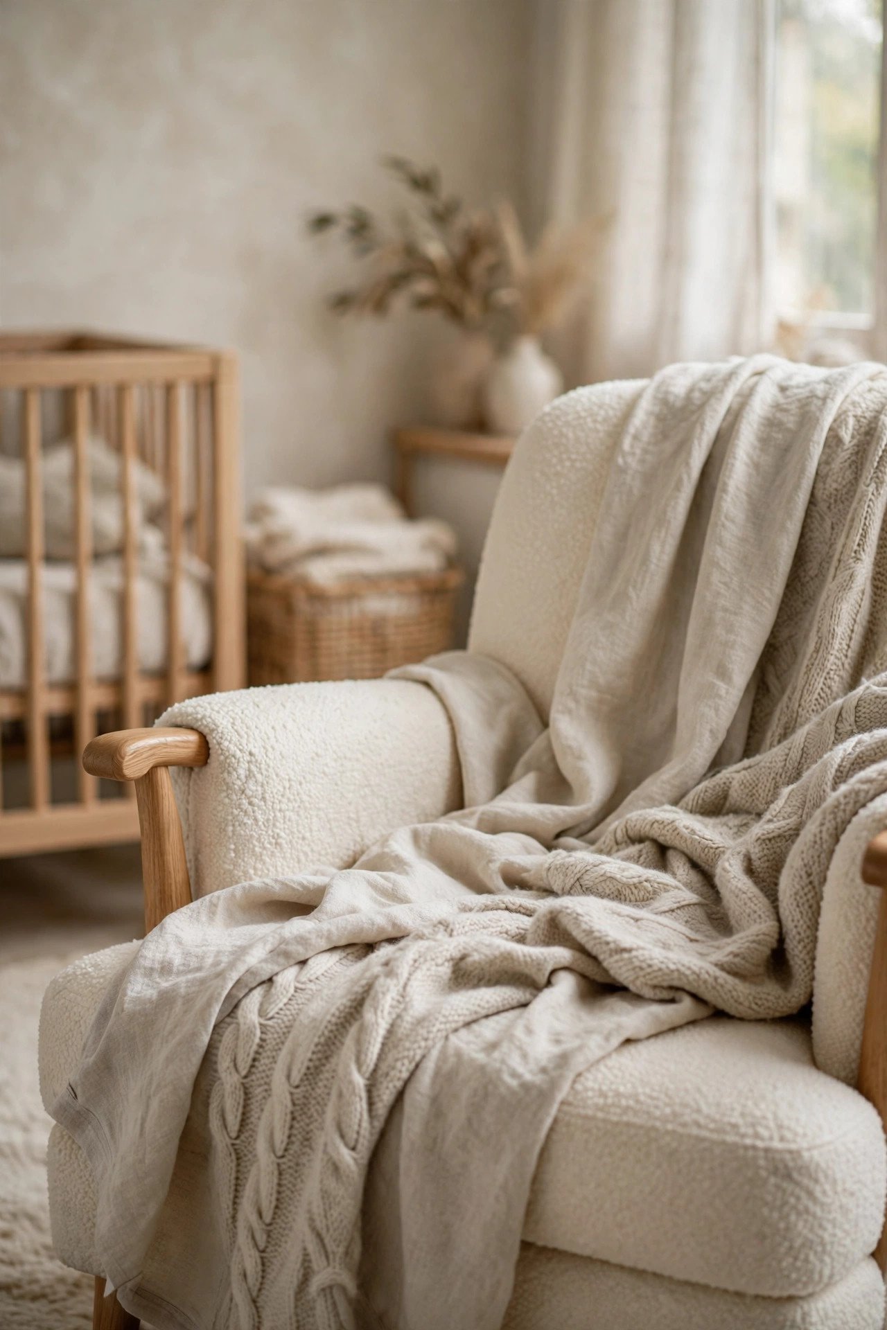 Layered natural textiles in a Japandi nursery: washed linen, boucle and soft wool in warm neutrals