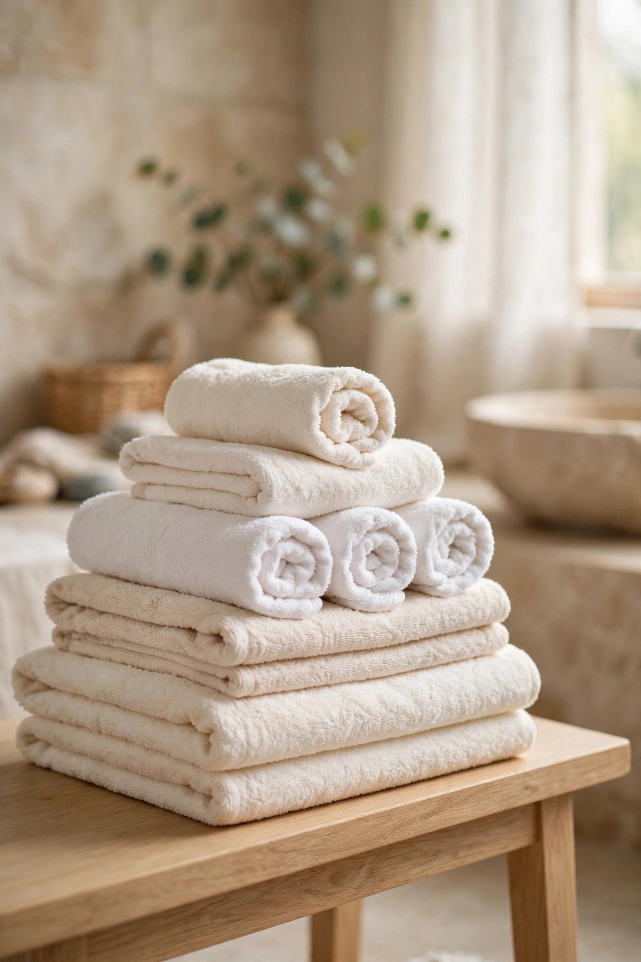 Layered Plush Towels in spa bathroom