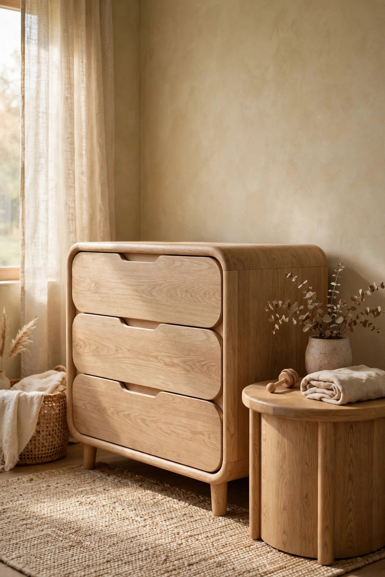 Light Wood Furniture with Clean Lines in scandi-boho nursery