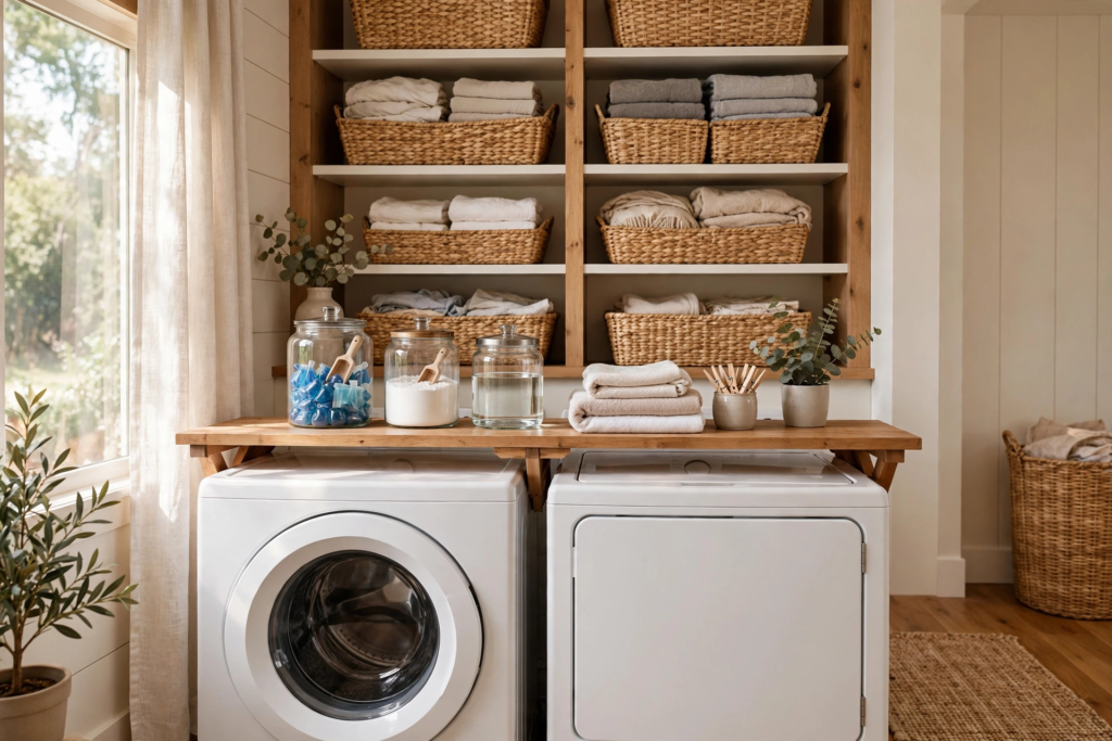 Bright organized laundry room with floating shelves, labeled baskets, and folding shelf