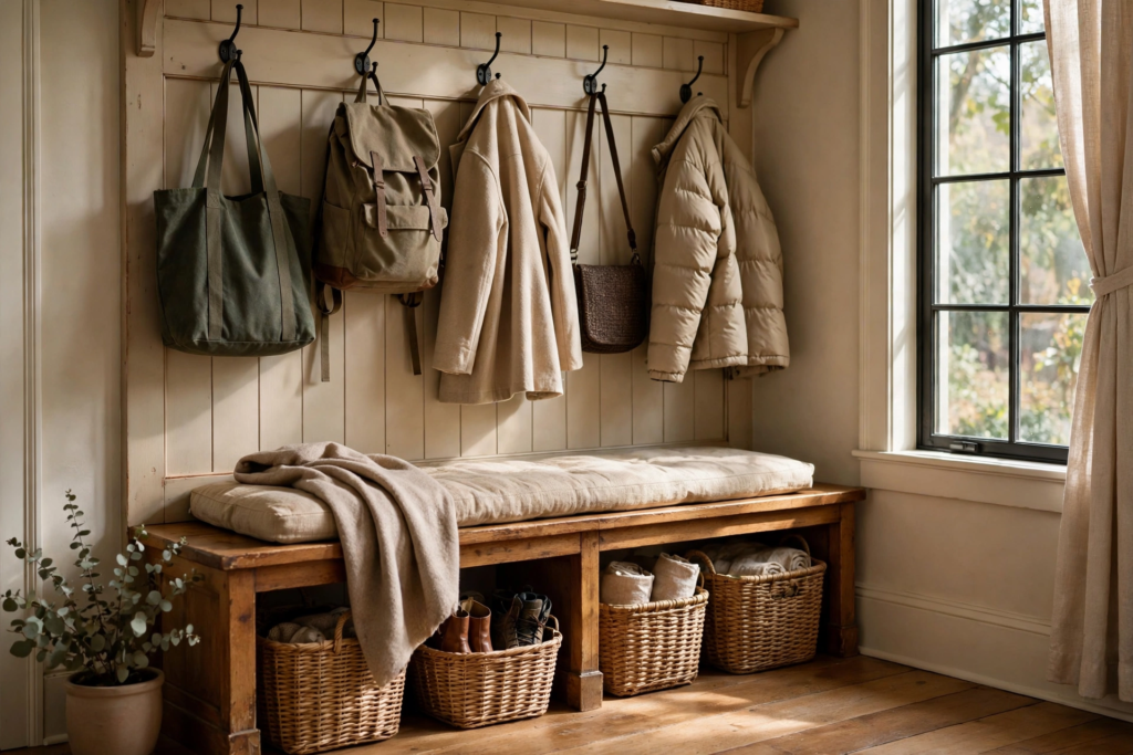 Bright organized family mudroom with hooks, a storage bench, and labeled cubbies