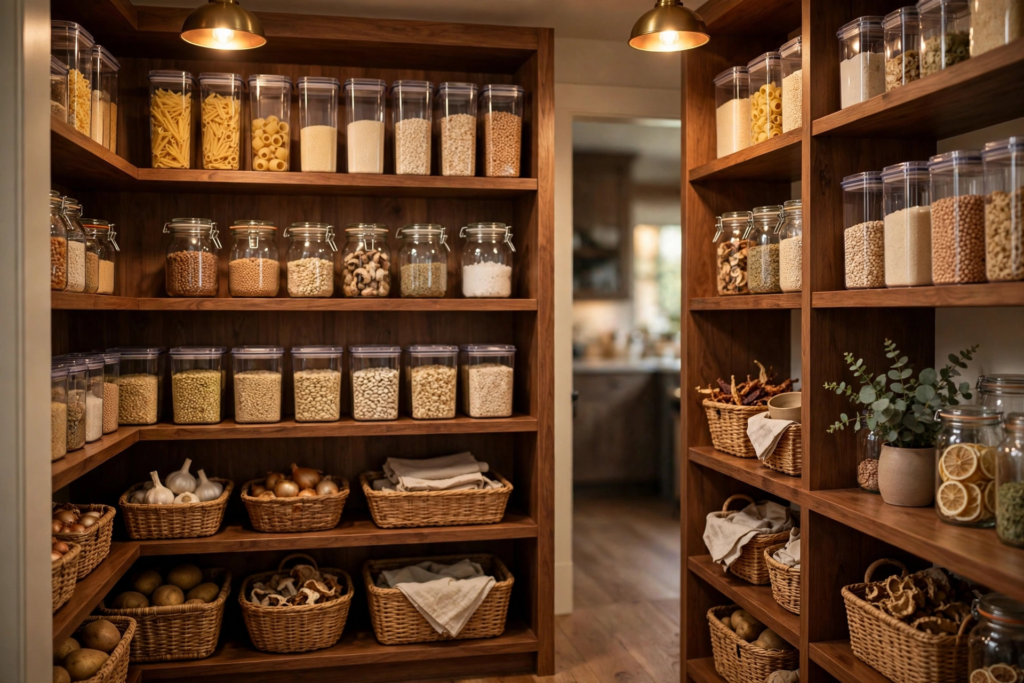 Bright organized walk in family pantry with labeled bins, clear canisters, and a snack station