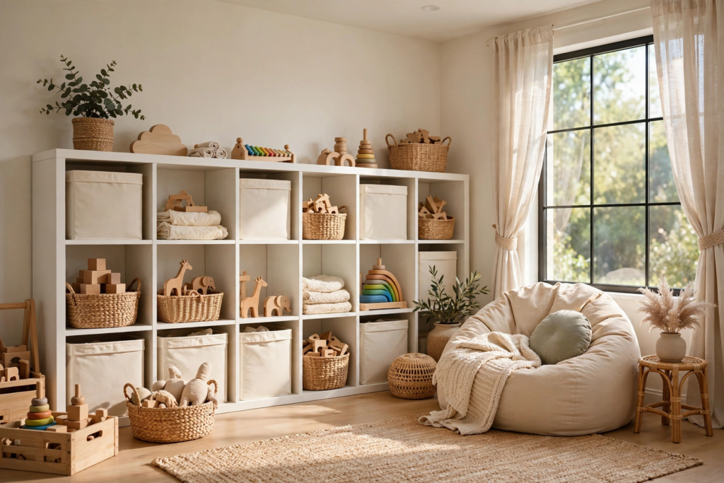 Warm organized playroom with white cube shelving of cream bins, woven baskets of wooden toys, and a reading nook in soft natural light.