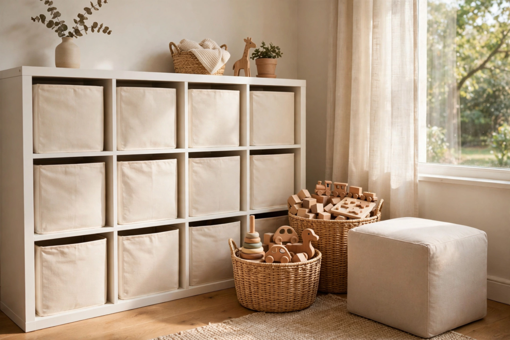 Warm stylish playroom corner with a white cube shelving unit of cream fabric bins, woven baskets of wooden toys, and a beige storage ottoman in soft natural light.