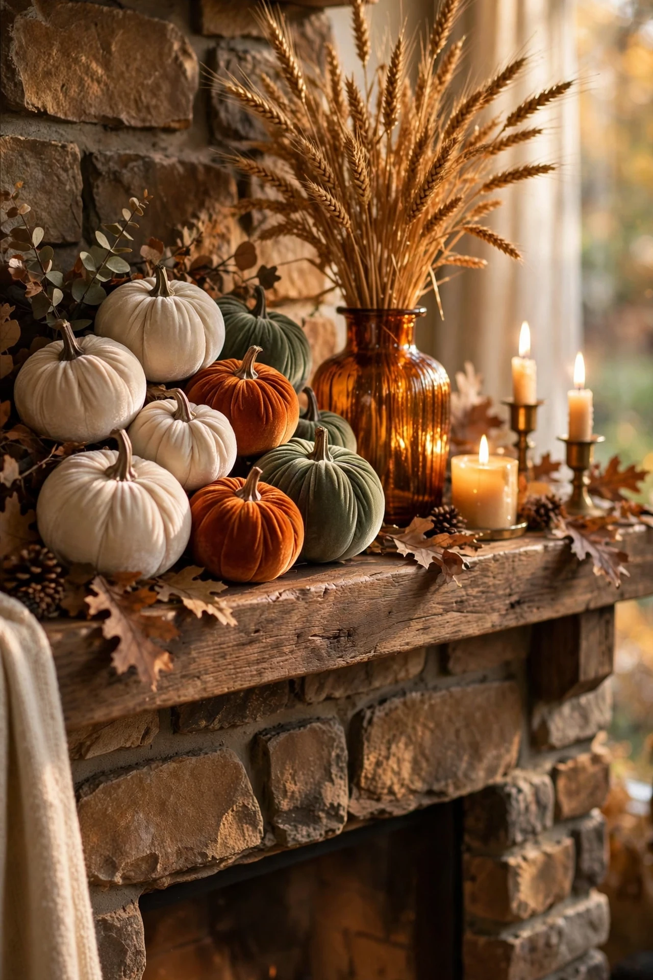 Fall mantel styled with white velvet pumpkins, amber glass candles and eucalyptus