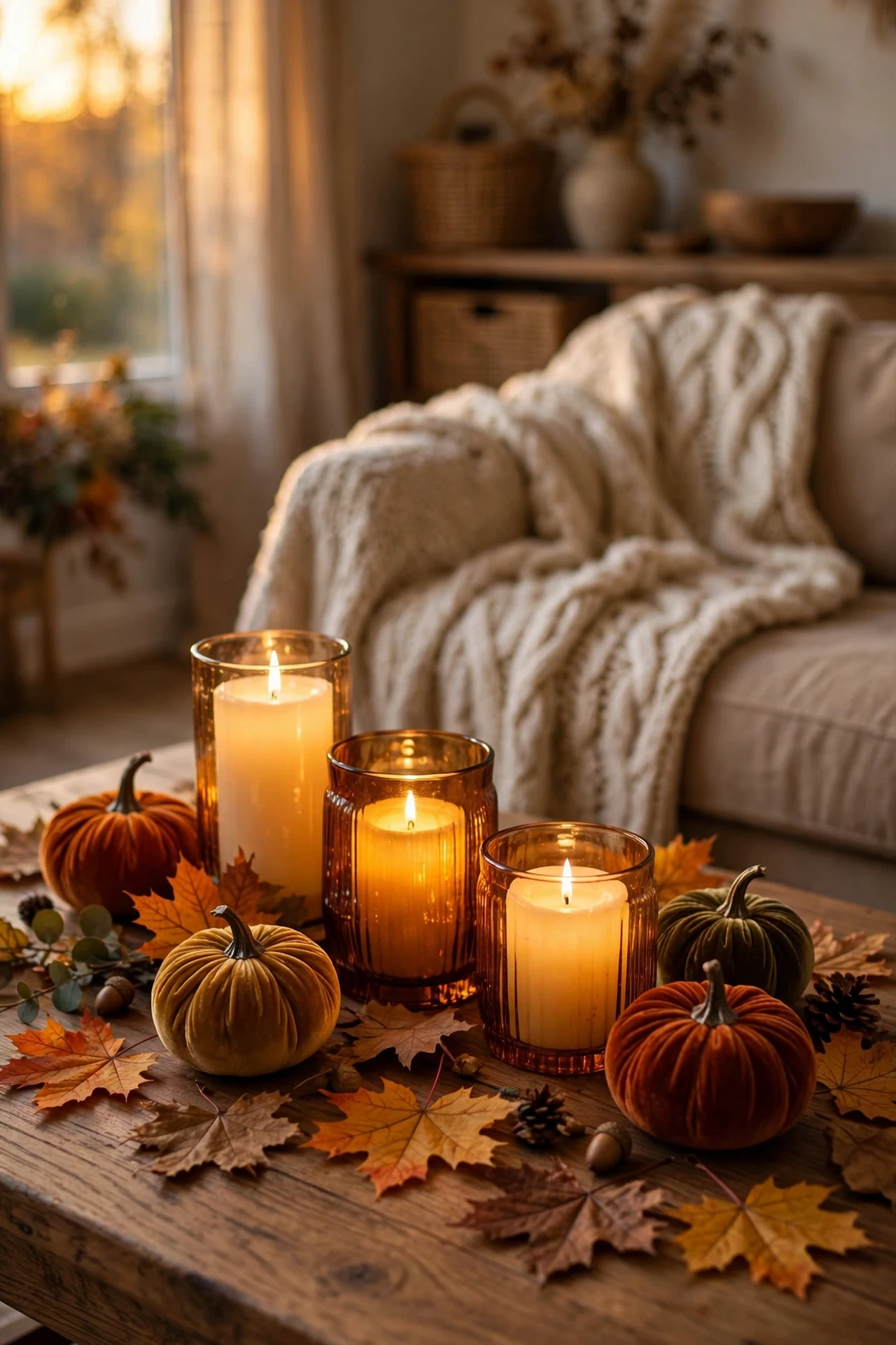 Glass flameless candles glowing on a wooden coffee table in a cozy fall living room