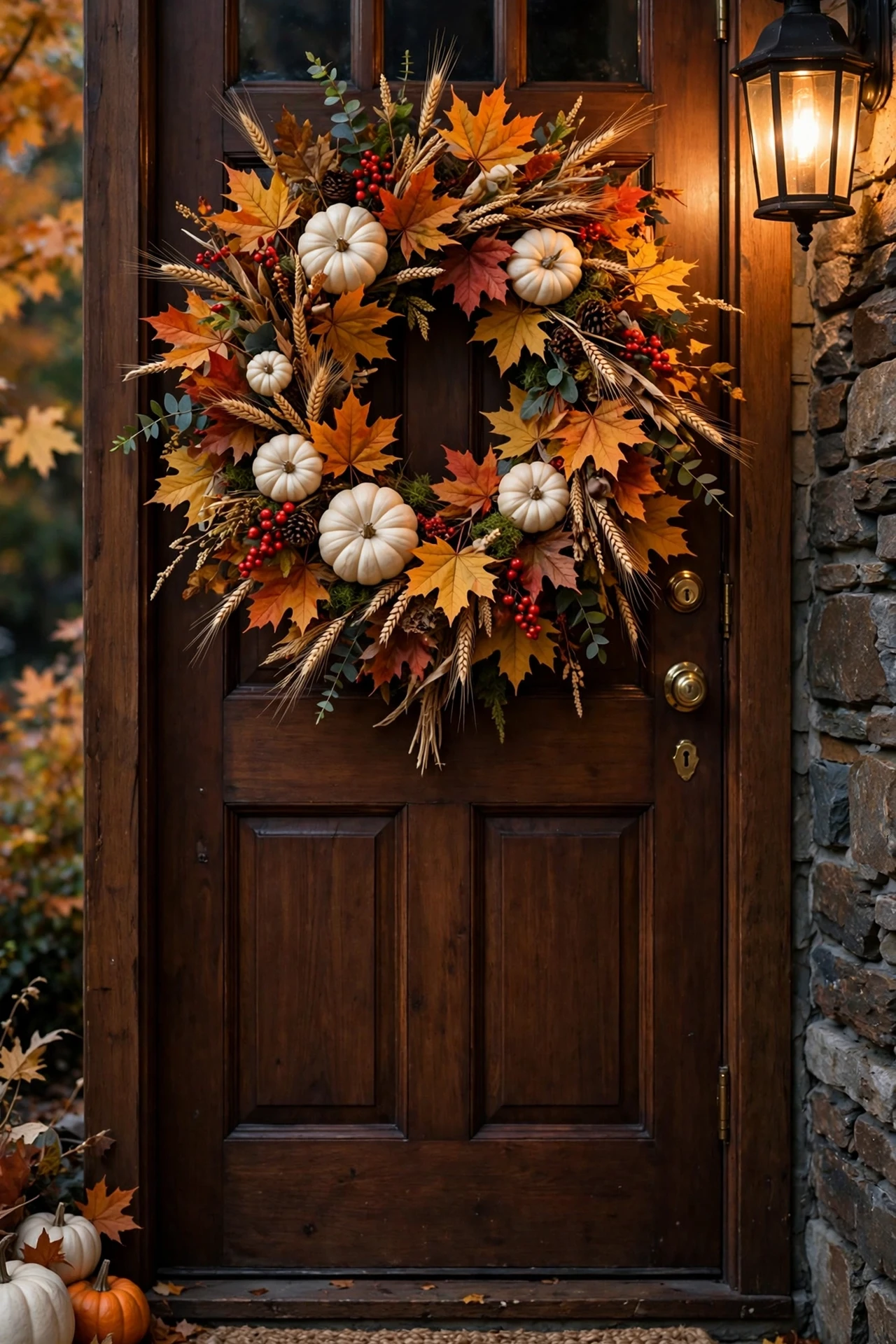 Fall wreath with white pumpkins and maple leaves hanging on a front door