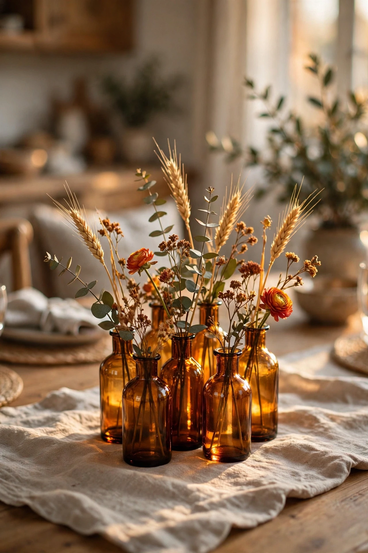Amber glass bud vases with dried flowers styled on wooden shelves