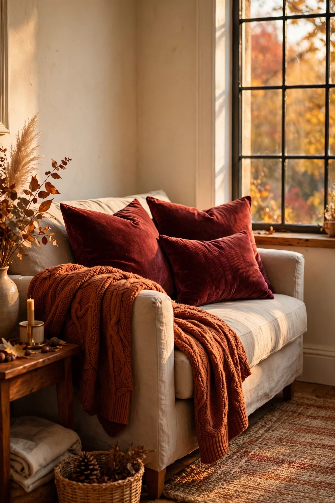 Sofa styled with burgundy velvet throw pillows and a rust knit throw for fall