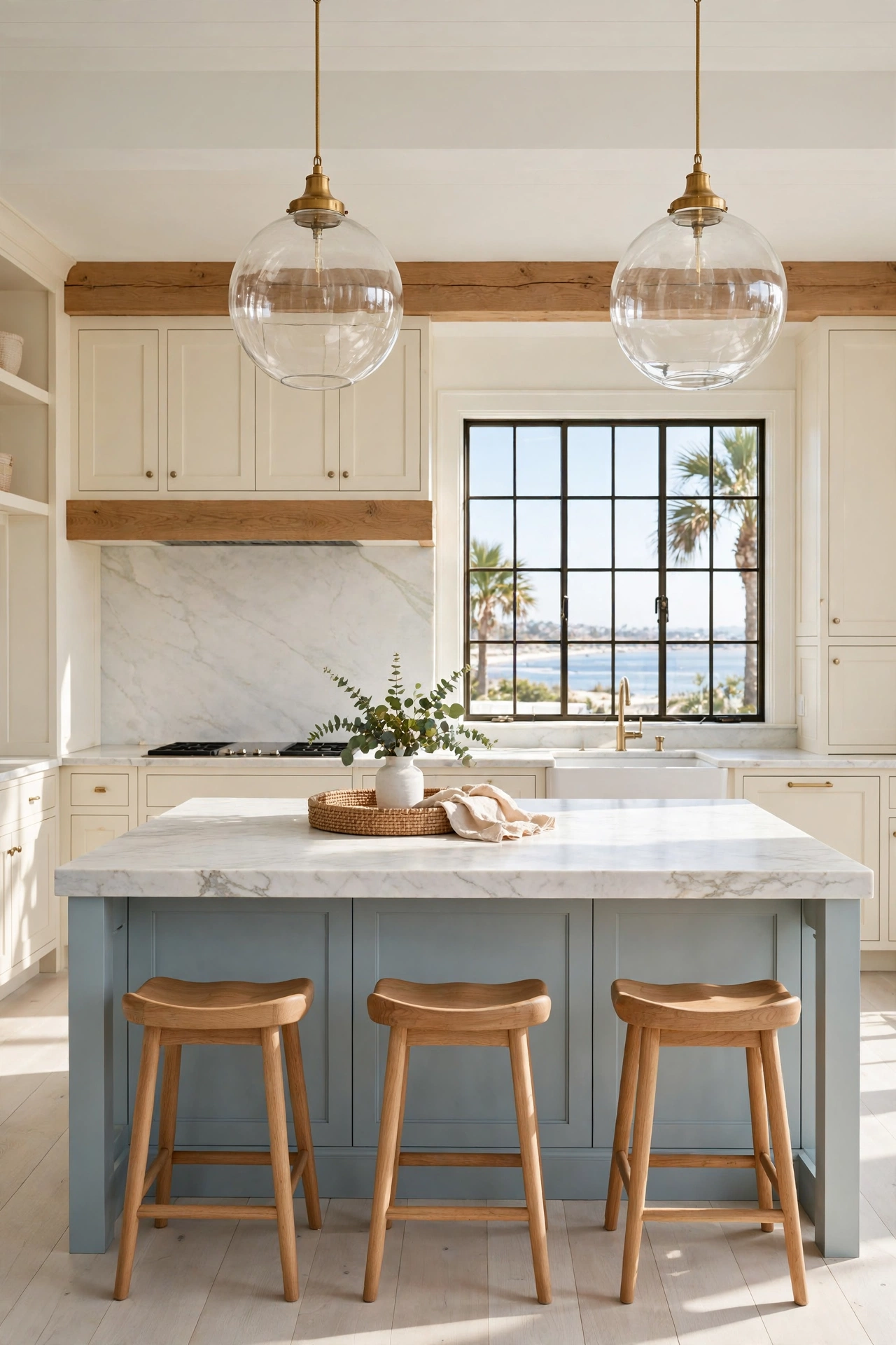 Powder blue shaker island in a bright coastal farmhouse kitchen with glass globe pendants and oak stools.