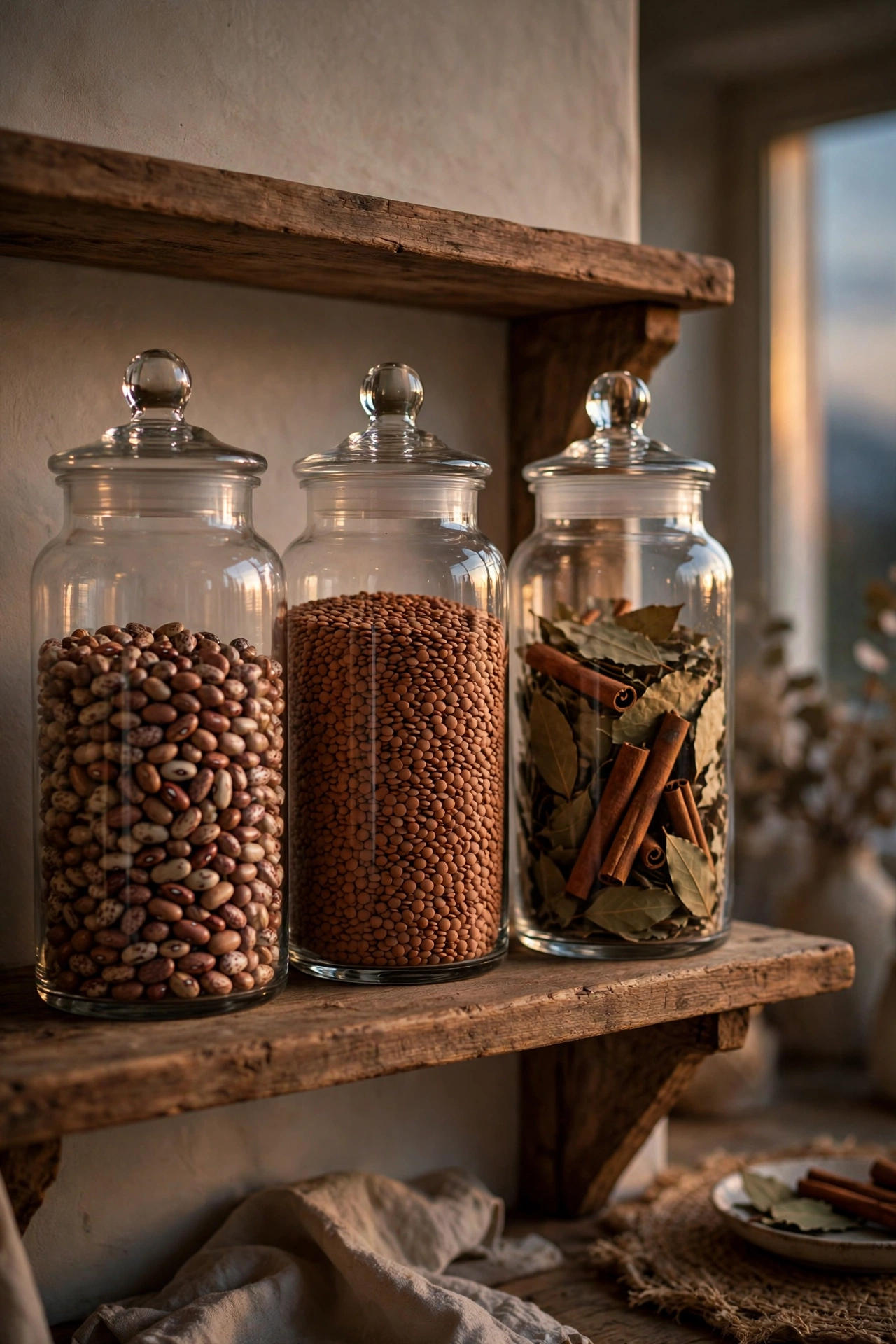 Tall glass apothecary jars filled with dried beans, lentils and cinnamon sticks glowing on an open kitchen shelf at dusk.