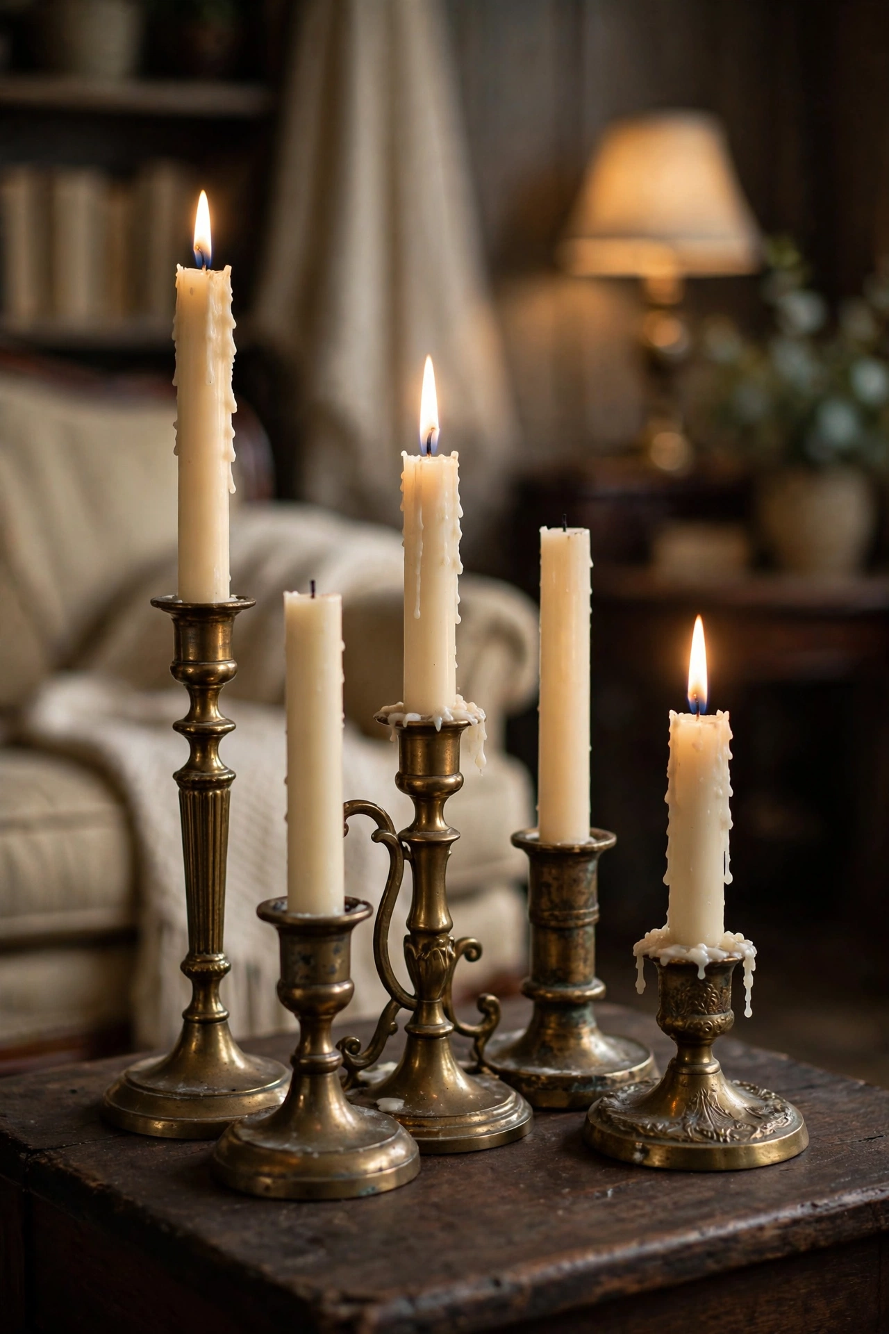 Mismatched brass candlesticks with ivory tapers glowing on a wooden mantel at dusk.