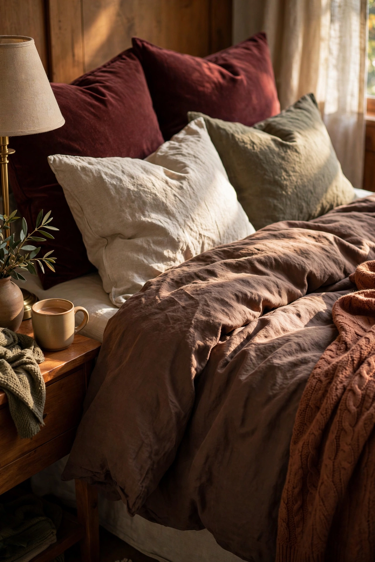 Rumpled chocolate brown washed linen duvet with burgundy velvet pillows in warm morning light.