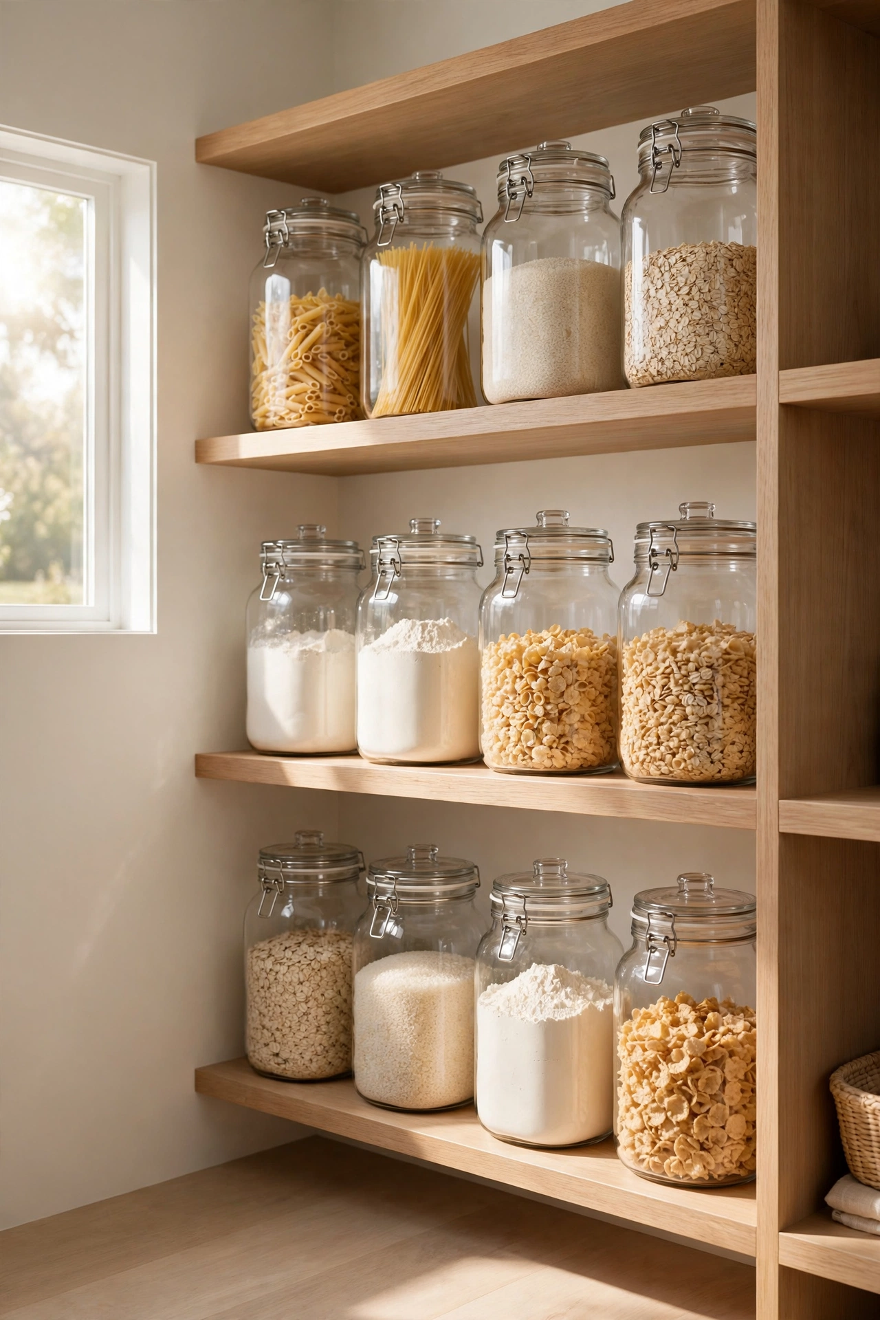 Walk in pantry with clear airtight canisters of flour, sugar, rice, and oats