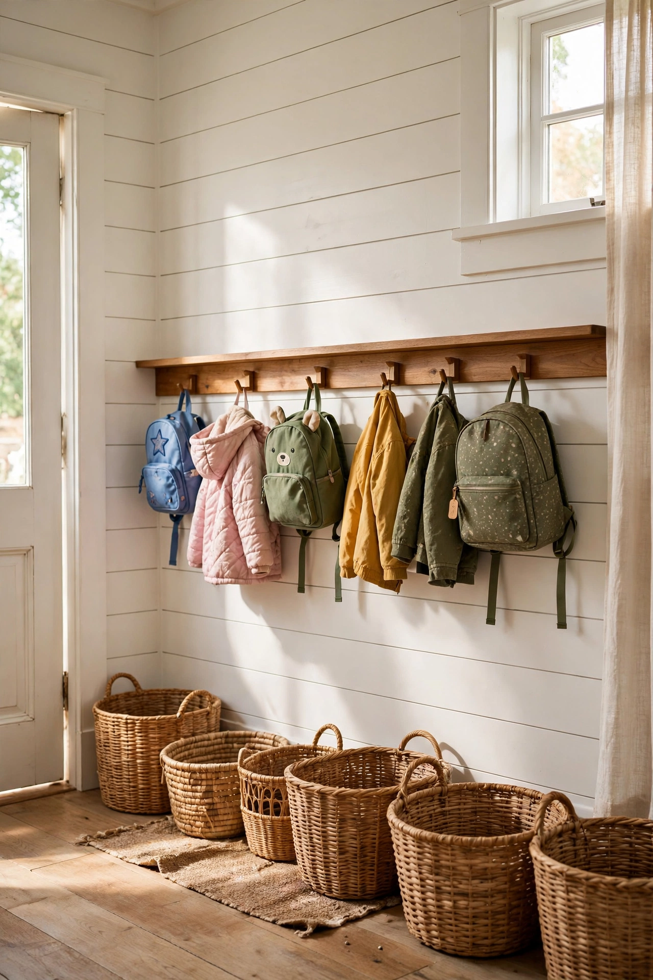 Bright farmhouse mudroom with a low kid height hook rail holding small backpacks and jackets, woven baskets below